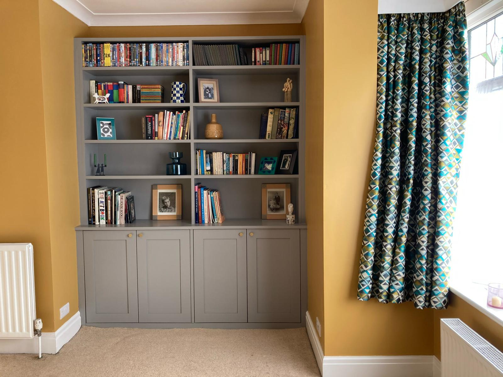 Bespoke alcove unit made into a beautiful book shelf: library in Harrogate by Joiner at Bailey Joinery 1